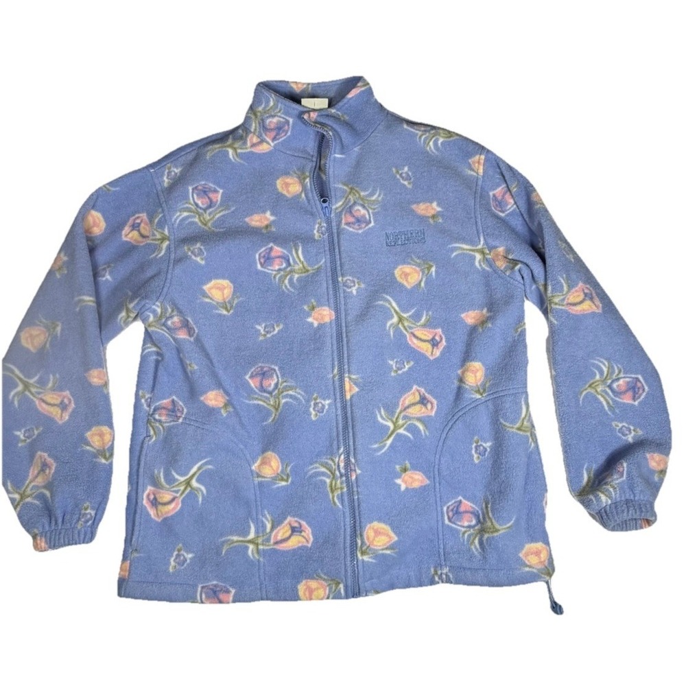 VTG 90s Northern Reflections Roses Print AOP Fleece Jacket Women M Blue Grandma